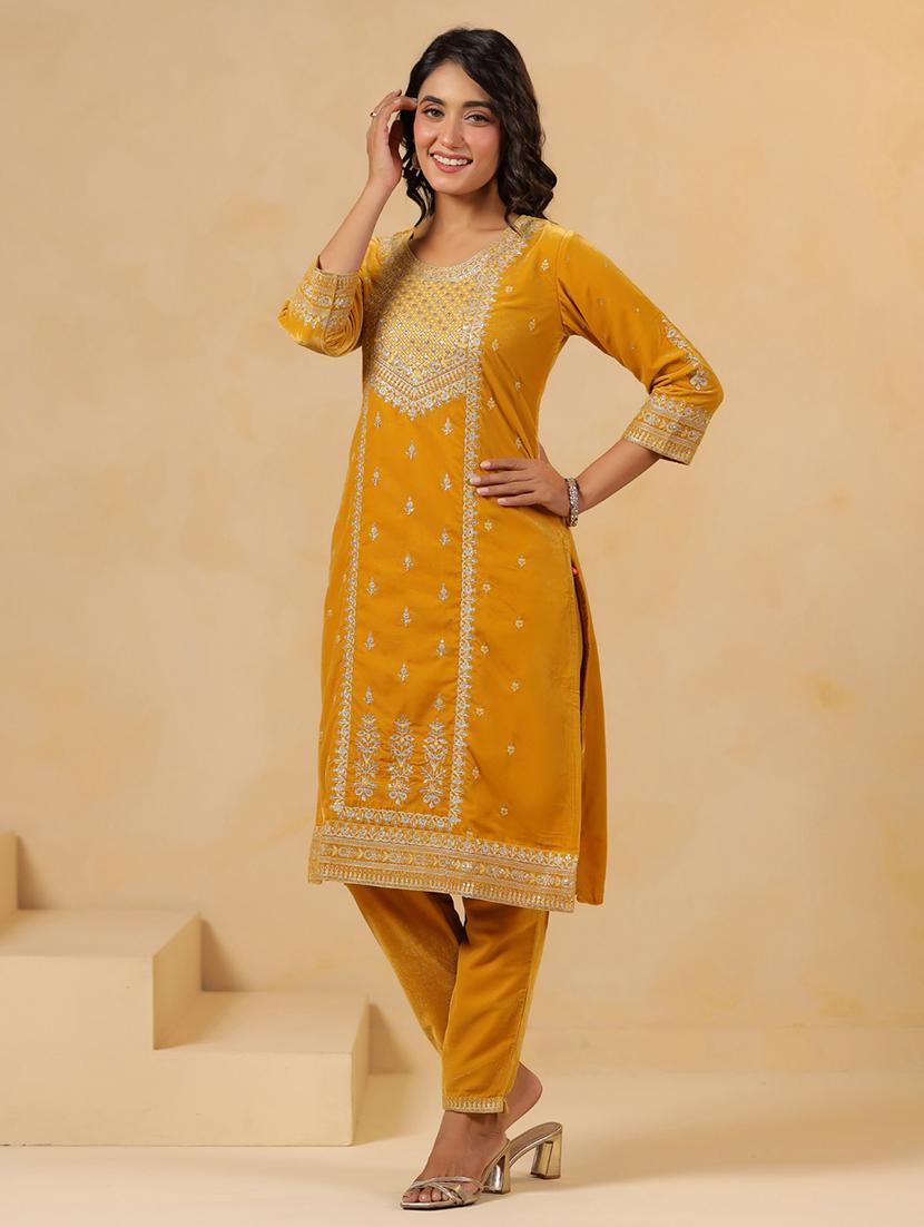 women embroidered round neck kurta and pant set - 22031058 - Standard Image - 2