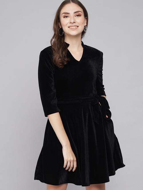 women solid three quarter sleeve fit & flare dress - 22031462 - Standard Image - 0