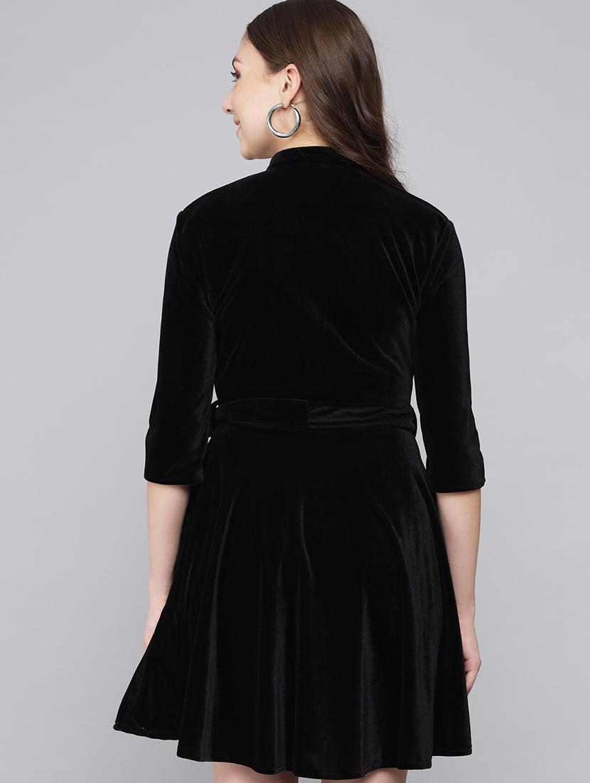 women solid three quarter sleeve fit & flare dress - 22031462 - Standard Image - 2