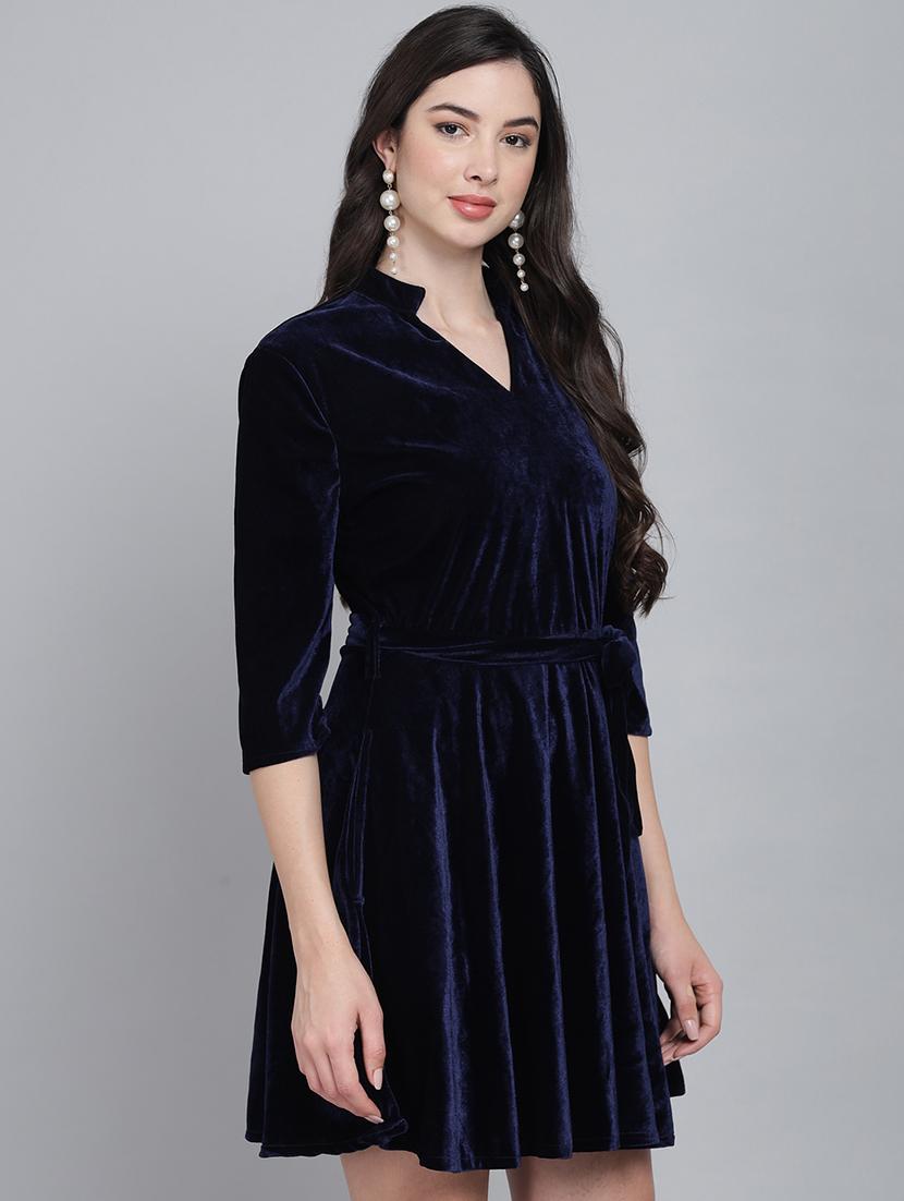 women solid three quarter sleeve fit & flare dress - 22031463 - Standard Image - 2