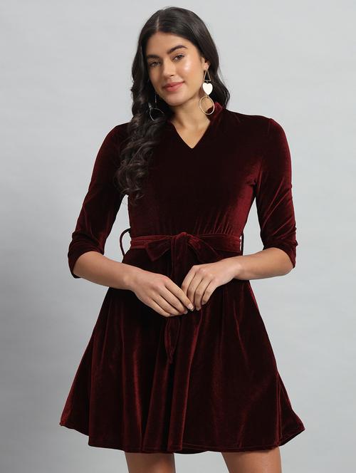 women solid three quarter sleeve fit & flare dress - 22031464 - Standard Image - 0
