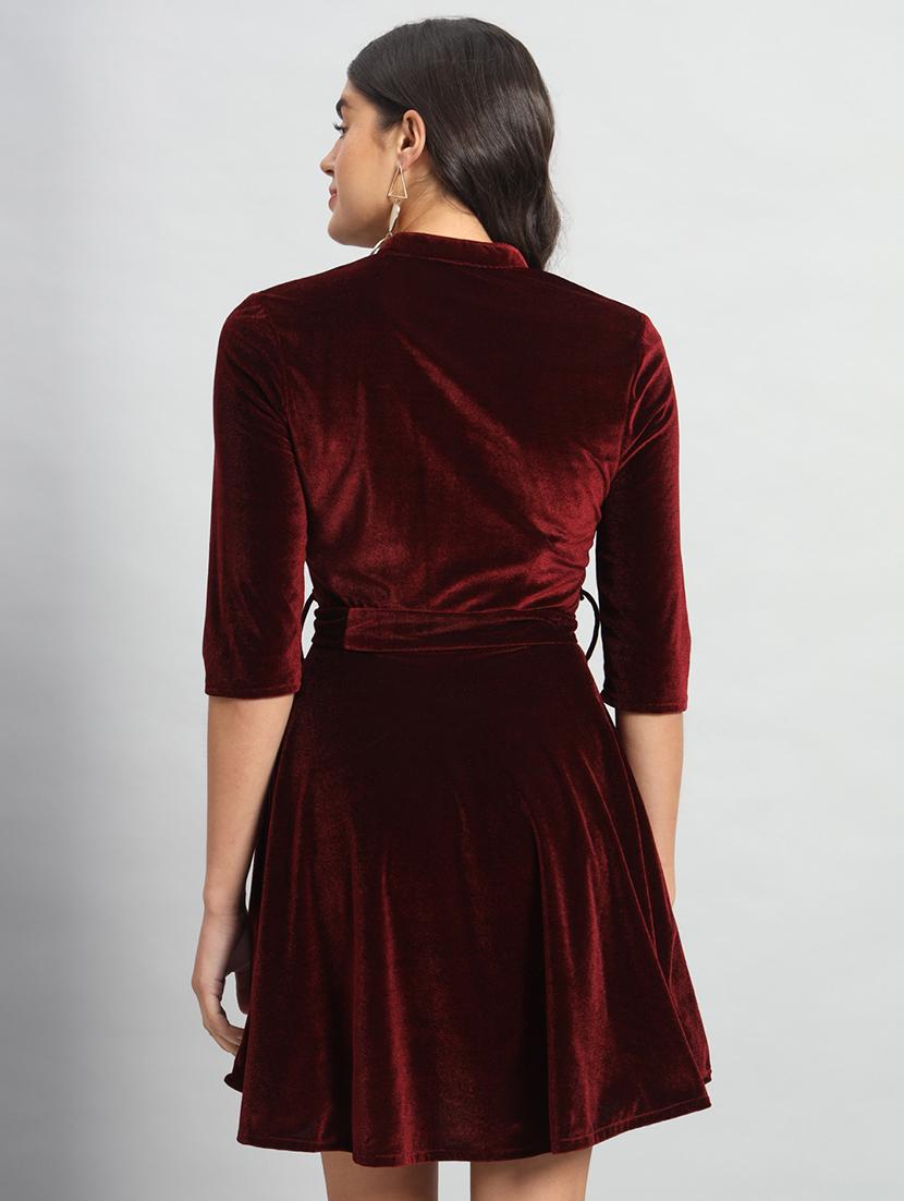 women solid three quarter sleeve fit & flare dress - 22031464 - Standard Image - 2