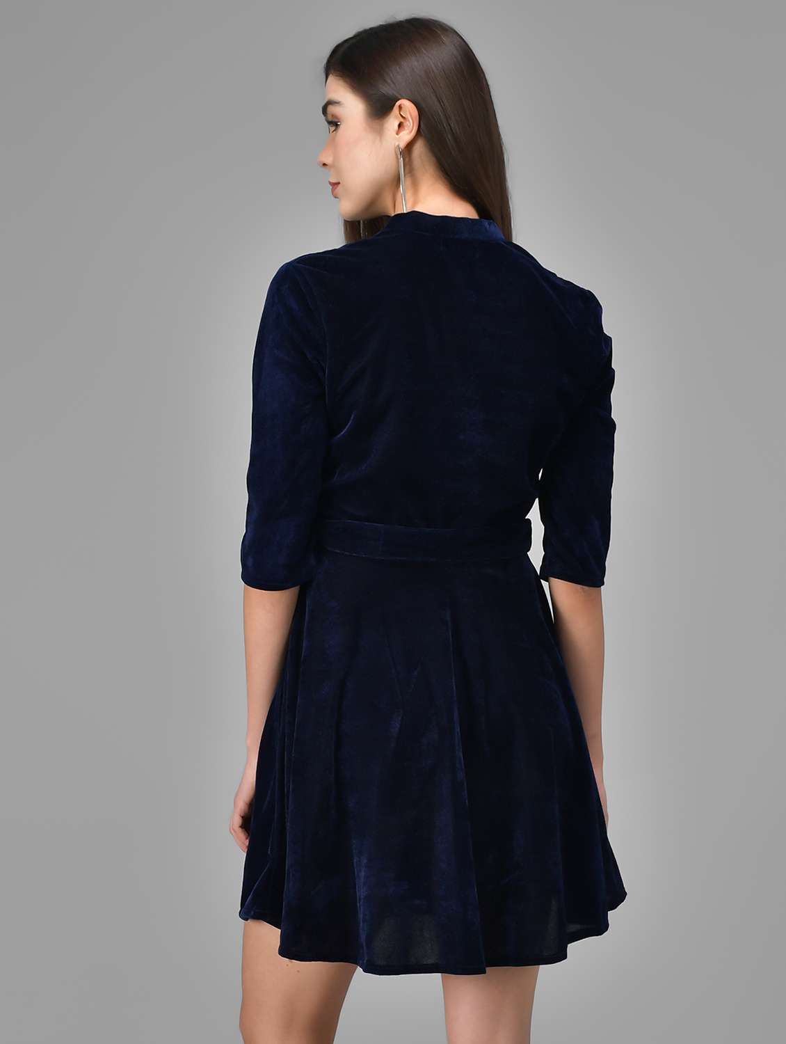 women solid three quarter sleeve fit & flare dress - 22031465 -  Standard Image - 2