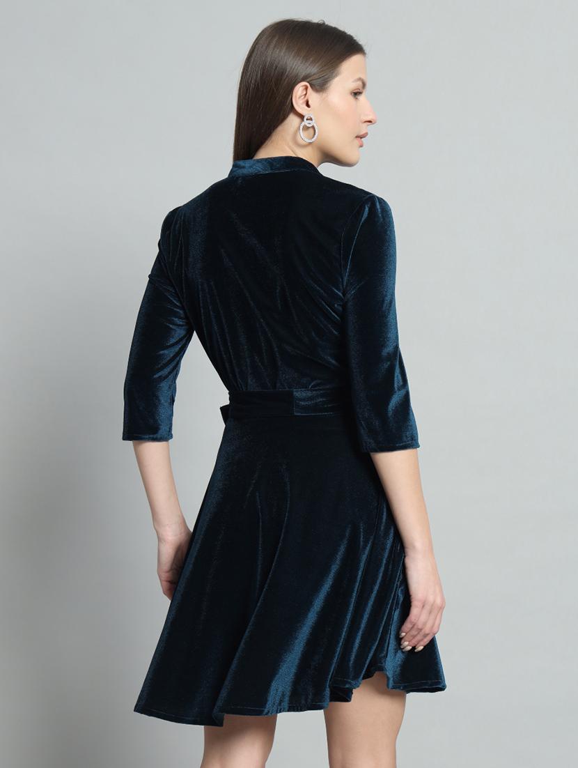 women solid three quarter sleeve fit & flare dress - 22031466 - Standard Image - 2