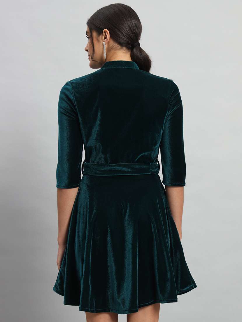 women solid three quarter sleeve fit & flare dress - 22031467 -  Standard Image - 2