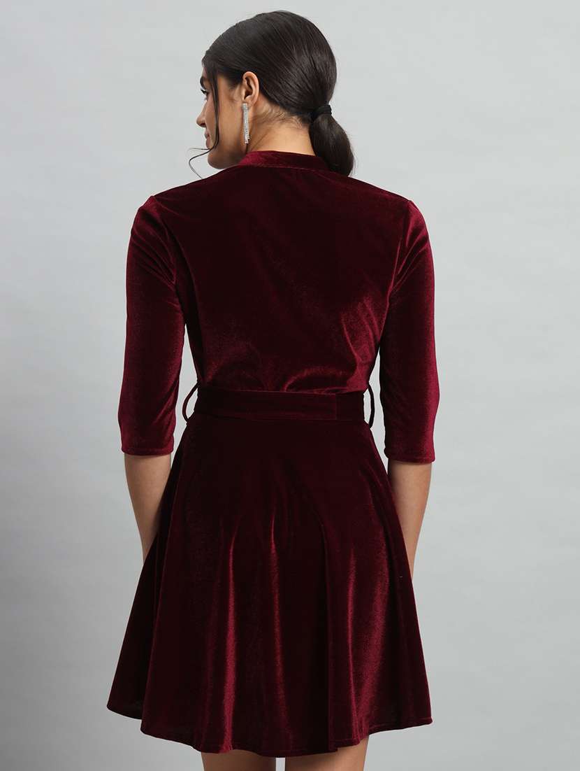 women solid three quarter sleeve fit & flare dress - 22031468 -  Standard Image - 2