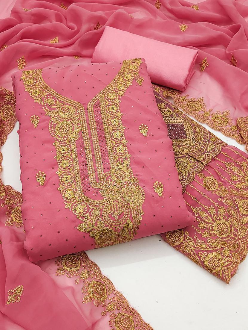 women solid with work embroidered unstitched suit set - 22031634 - Standard Image - 2