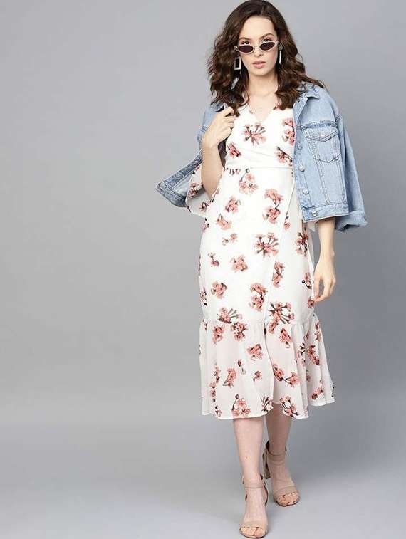 women floral print bell sleeve wrap dress