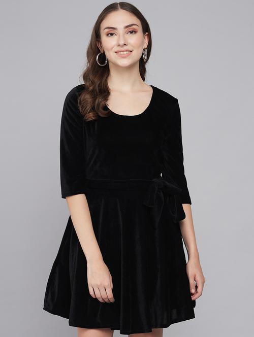 women solid three quarter sleeve fit & flare dress - 22031651 - Standard Image - 0
