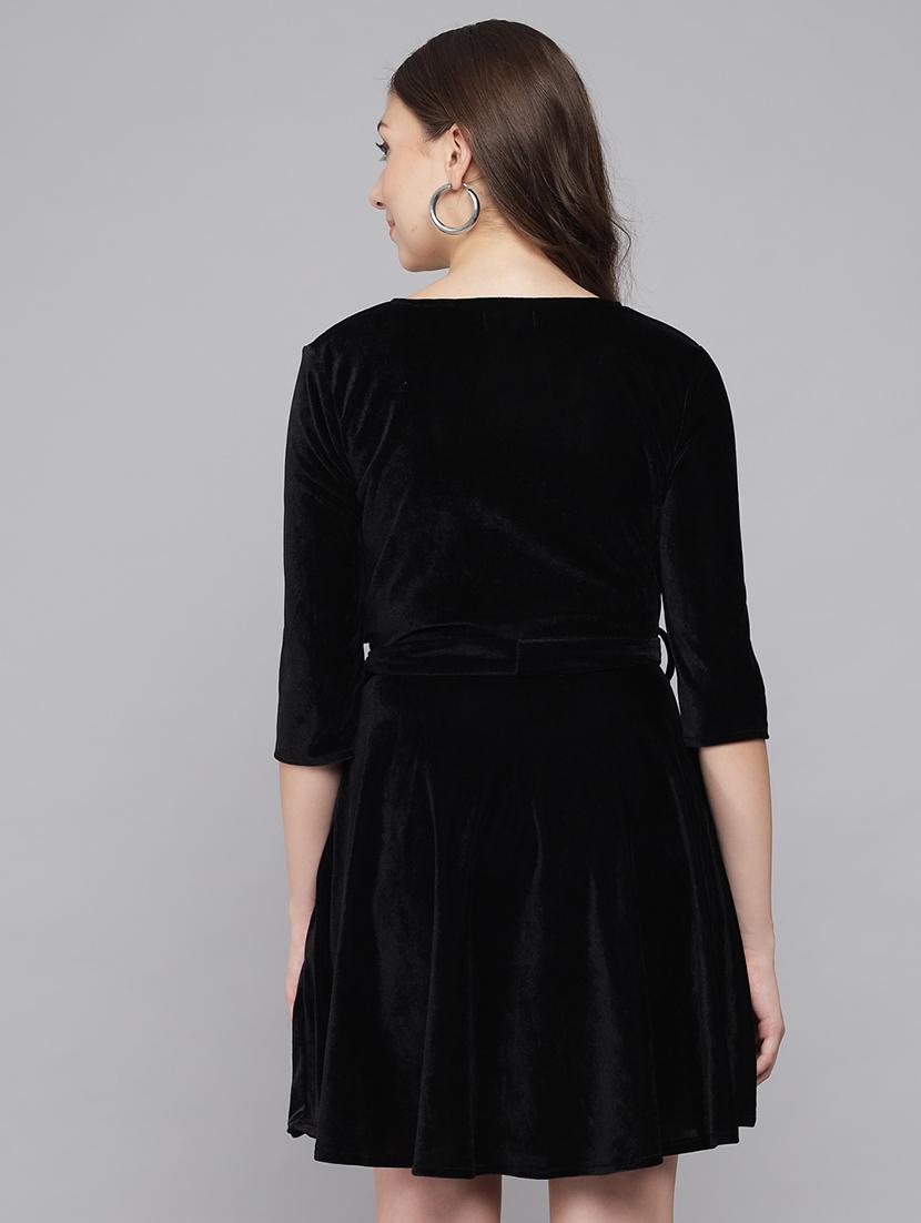 women solid three quarter sleeve fit & flare dress - 22031651 - Standard Image - 2