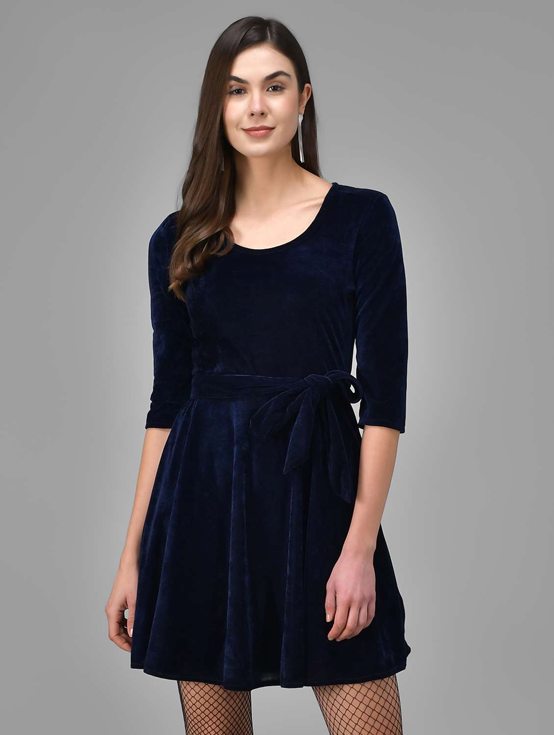 women solid three quarter sleeve fit & flare dress - 22031652 - Zoom Image - 0
