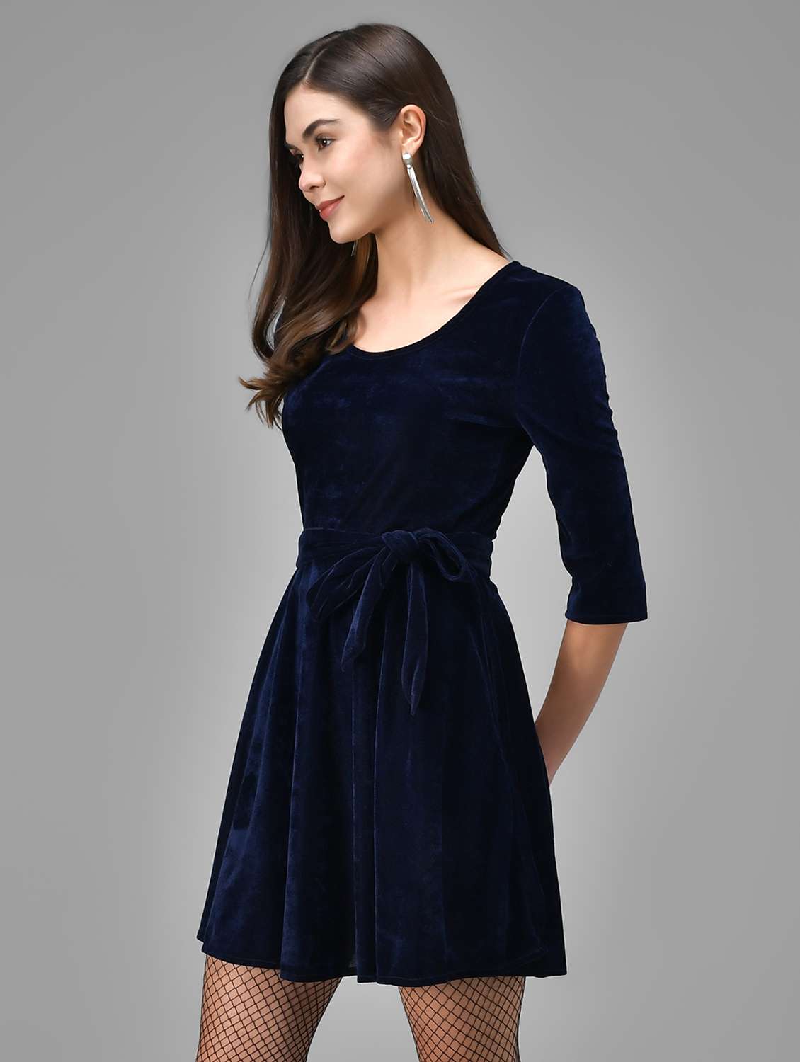 women solid three quarter sleeve fit & flare dress - 22031652 - Standard Image - 2