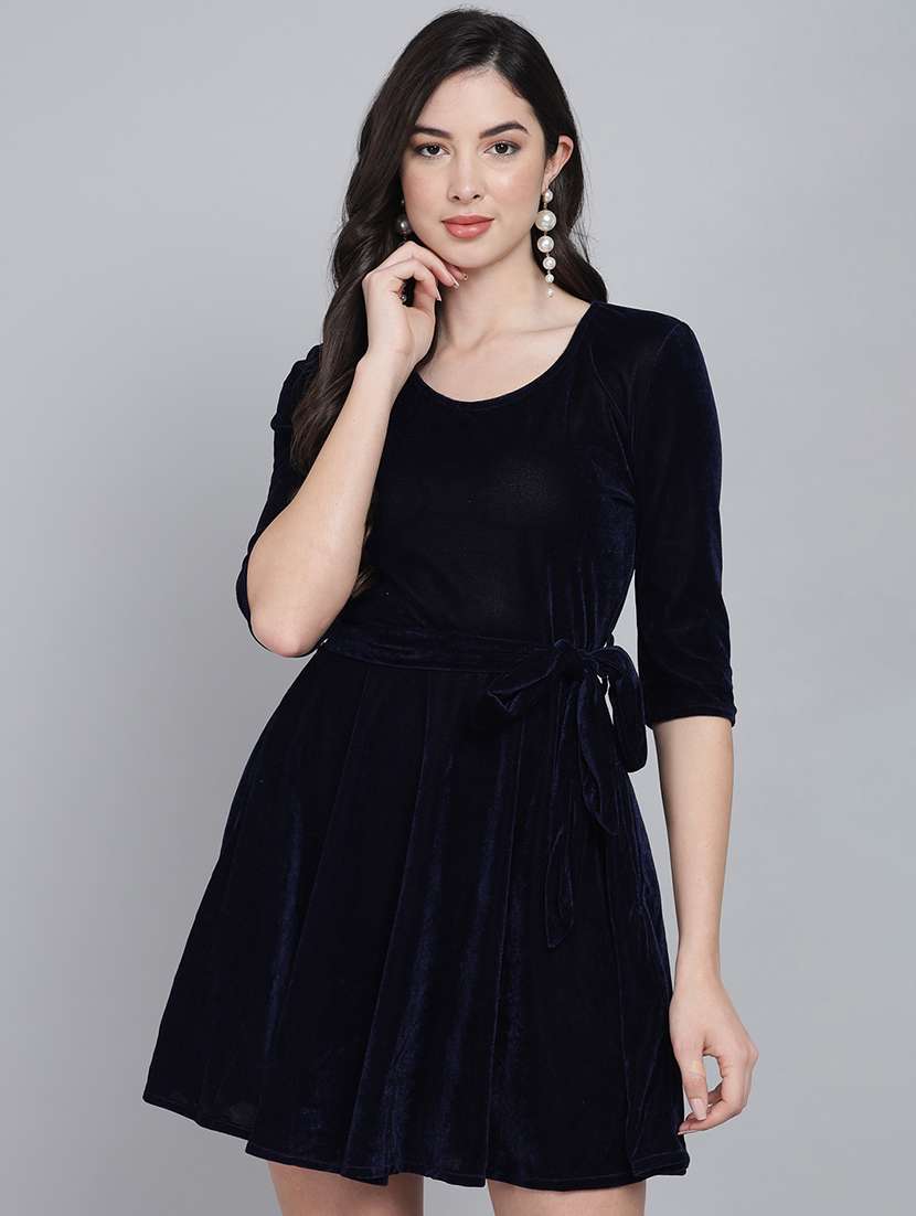 women solid three quarter sleeve fit & flare dress