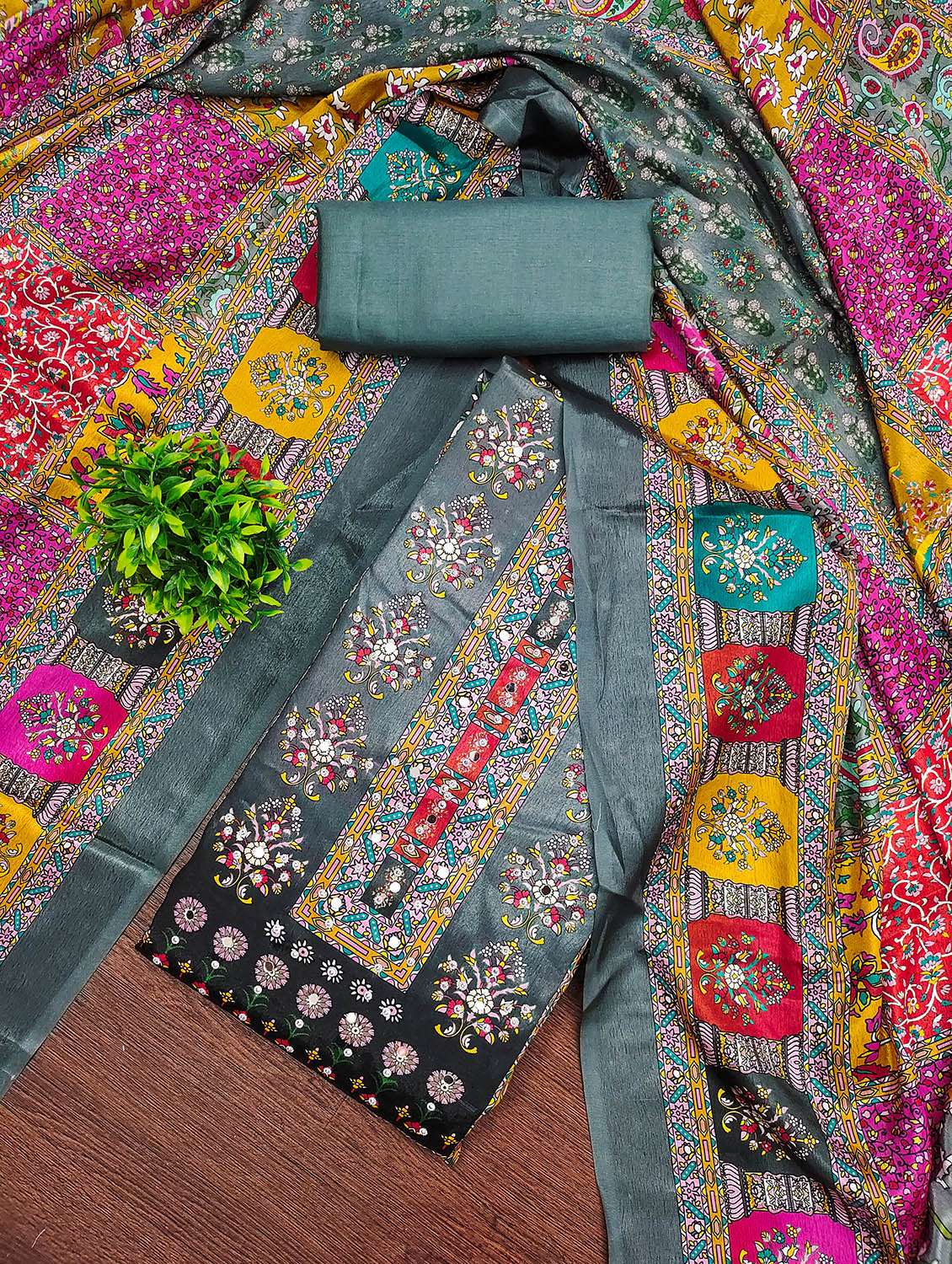 women printed sequined unstitched suit set