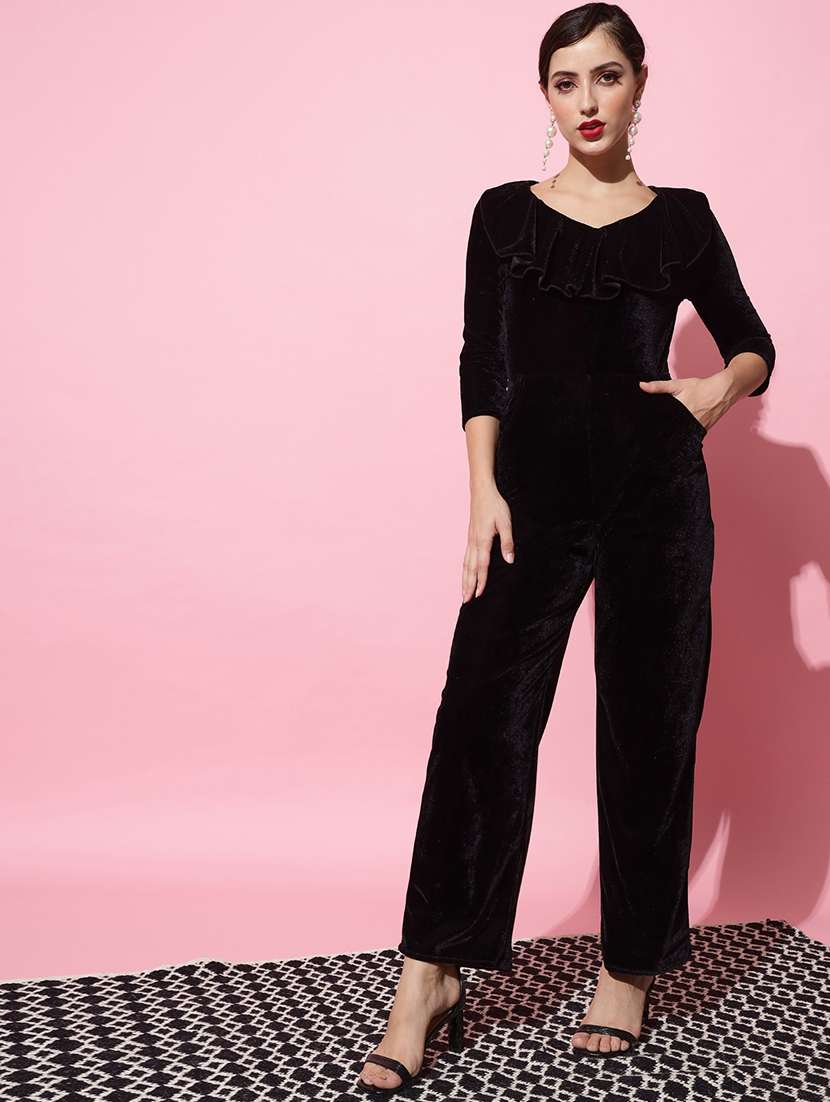 women solid three quarter sleeve velvet jumpsuit - 22031678 -  Standard Image - 2