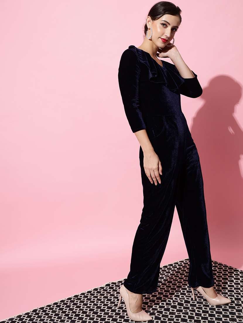 women solid three quarter sleeve velvet jumpsuit - 22031679 -  Standard Image - 2