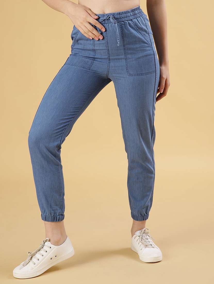 women solid mid rise denim jogger