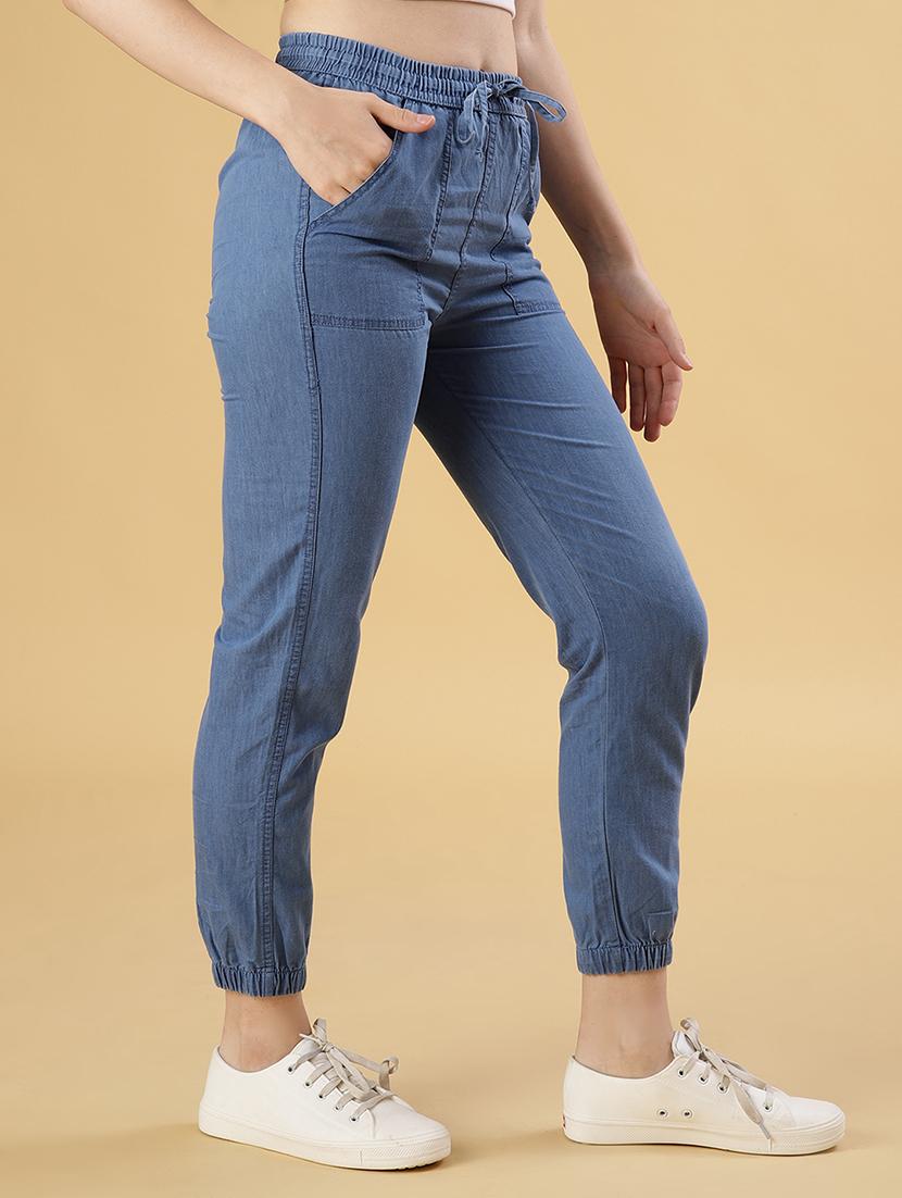 women solid mid rise denim jogger - 22031682 - Standard Image - 2