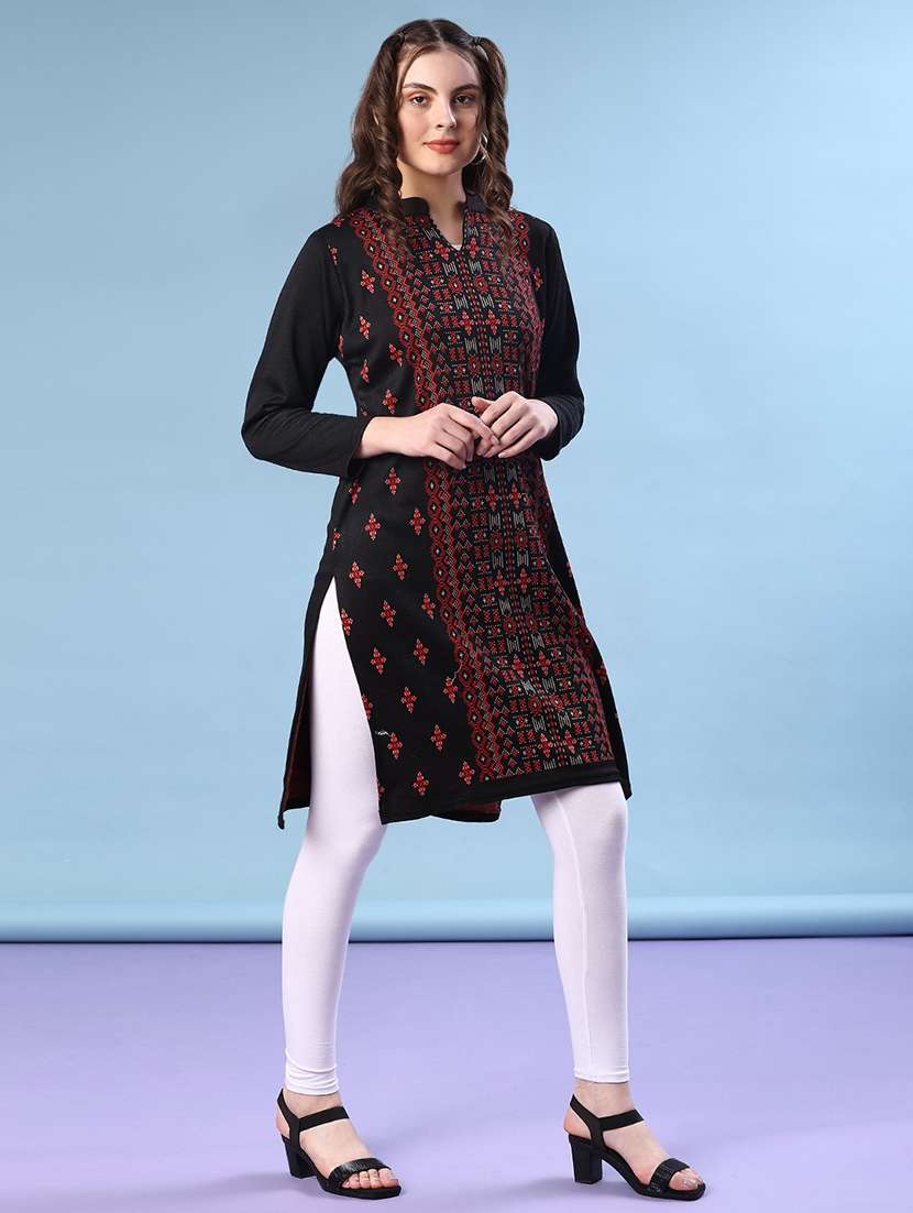 women self design long sleeve straight woolen kurta - 22031920 -  Standard Image - 2