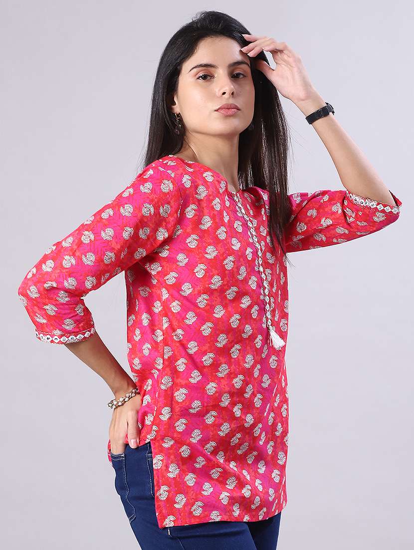 women floral printed three quarter sleeve straight kurti - 22032008 -  Standard Image - 2