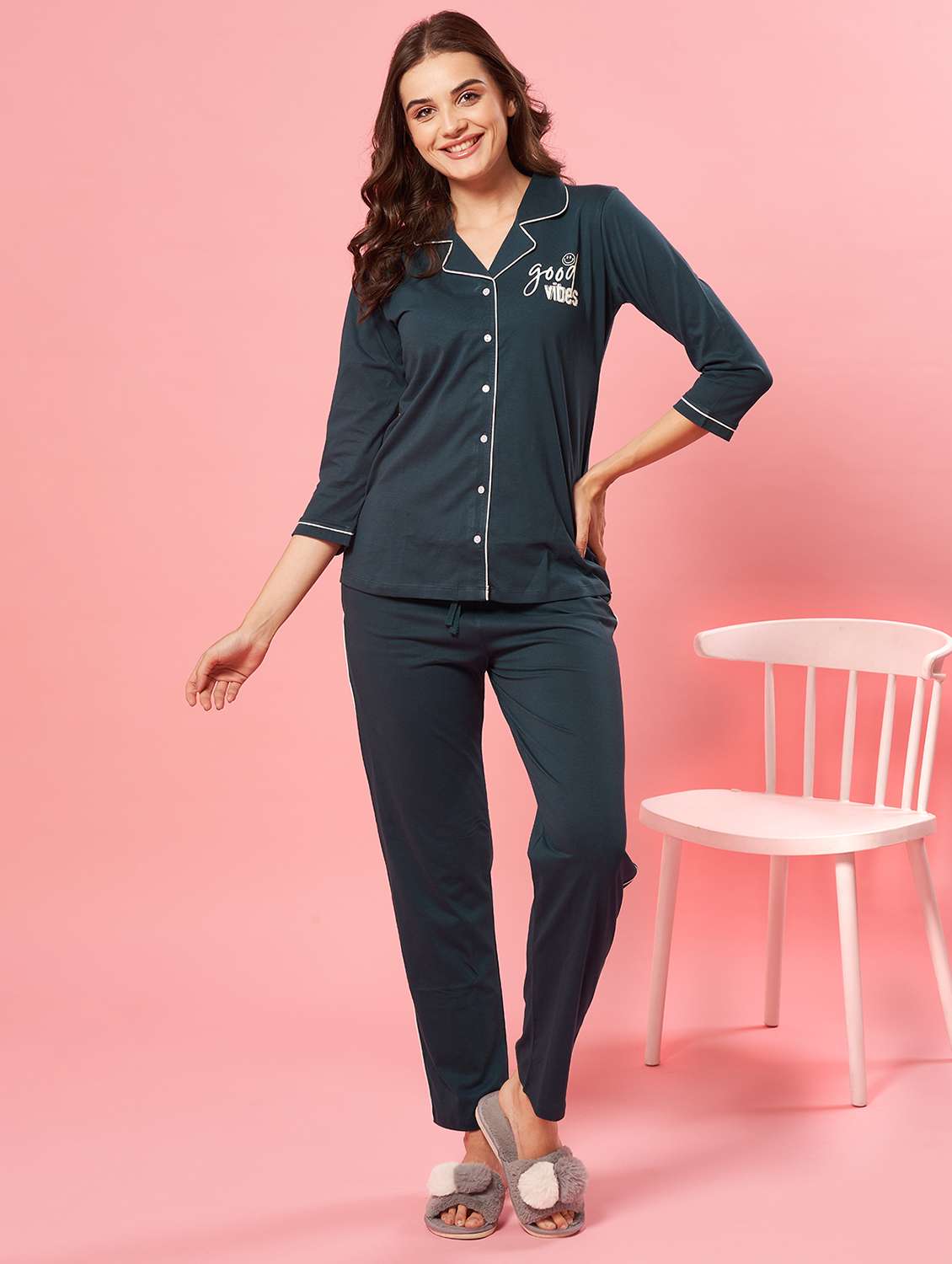 women solid nightwear pyjama set - 22032225 -  Standard Image - 2