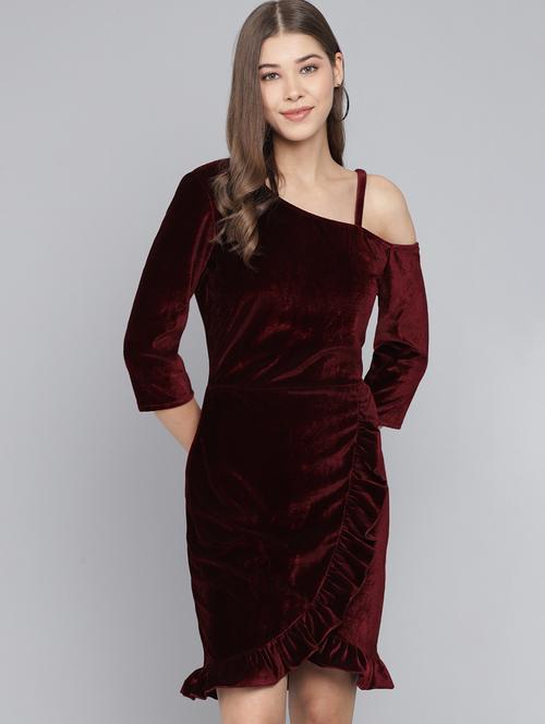 women solid asymmetric neck sheath dress - 22033466 - Standard Image - 0