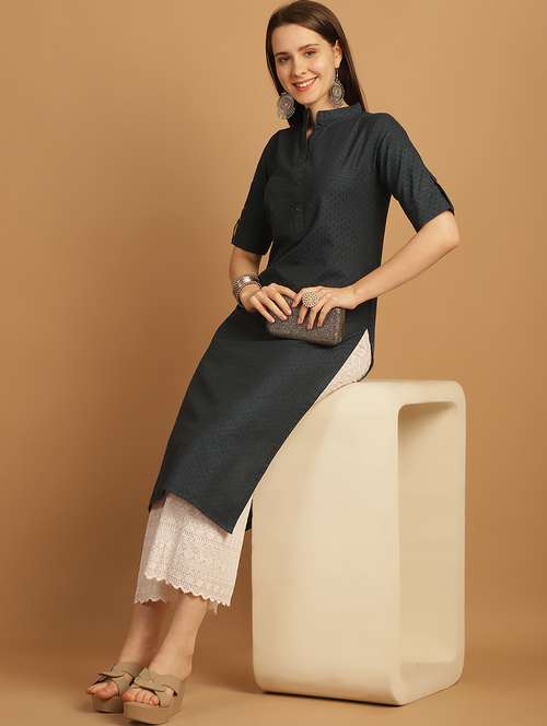 women self design roll up sleeve straight kurta - 22033473 - Standard Image - 0