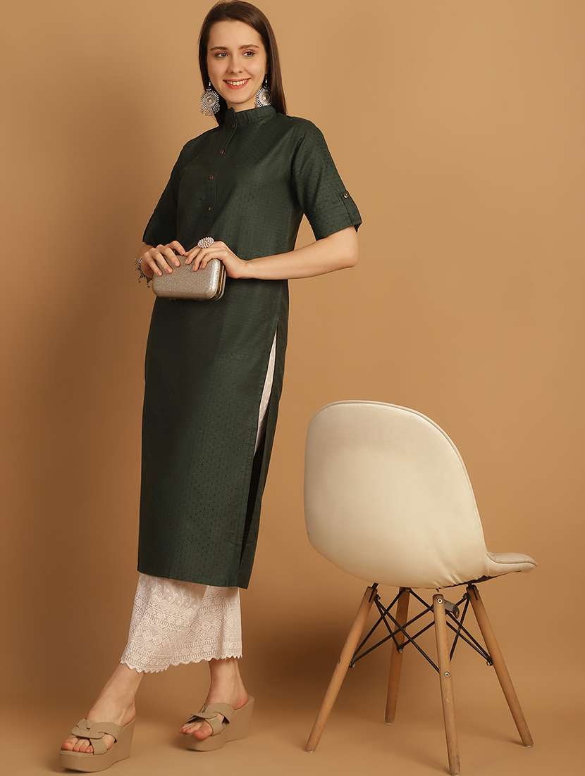 women self design roll up sleeve straight kurta