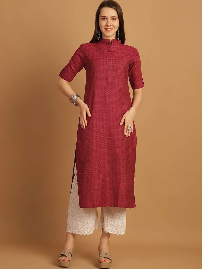 women self design roll up sleeve straight kurta - 22033479 - Standard Image - 2