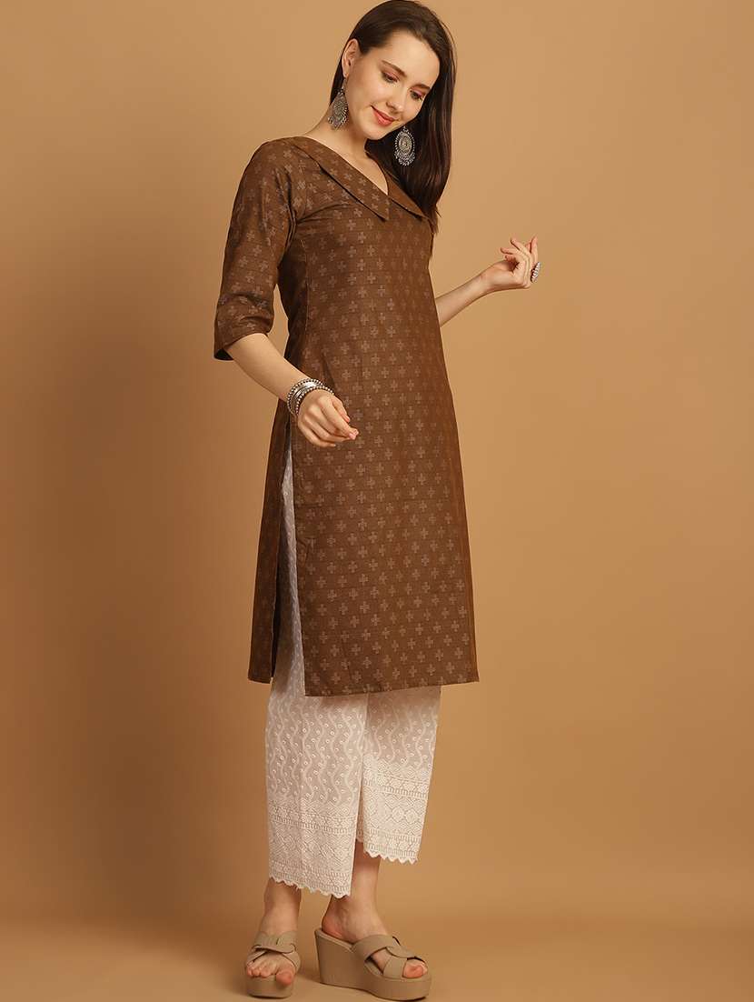 women self design three quarter sleeve straight kurta - 22033481 - Standard Image - 2