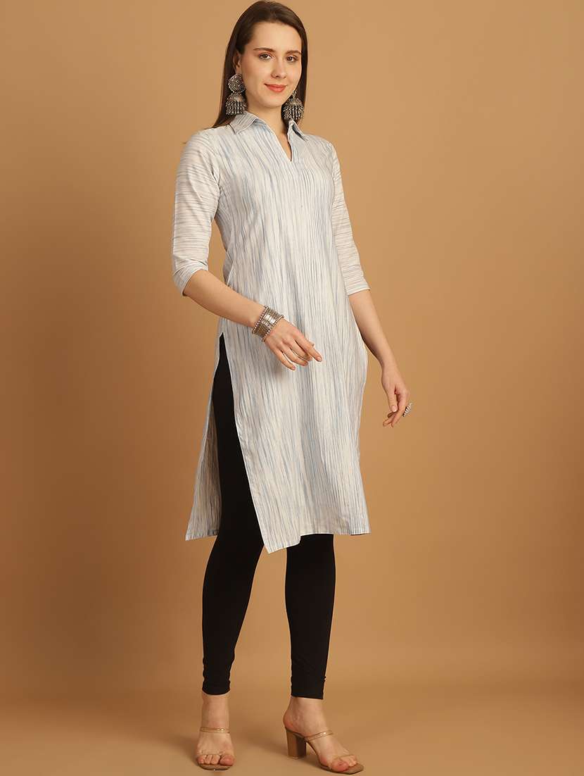 women self design three quarter sleeve straight kurta - 22033484 - Standard Image - 2
