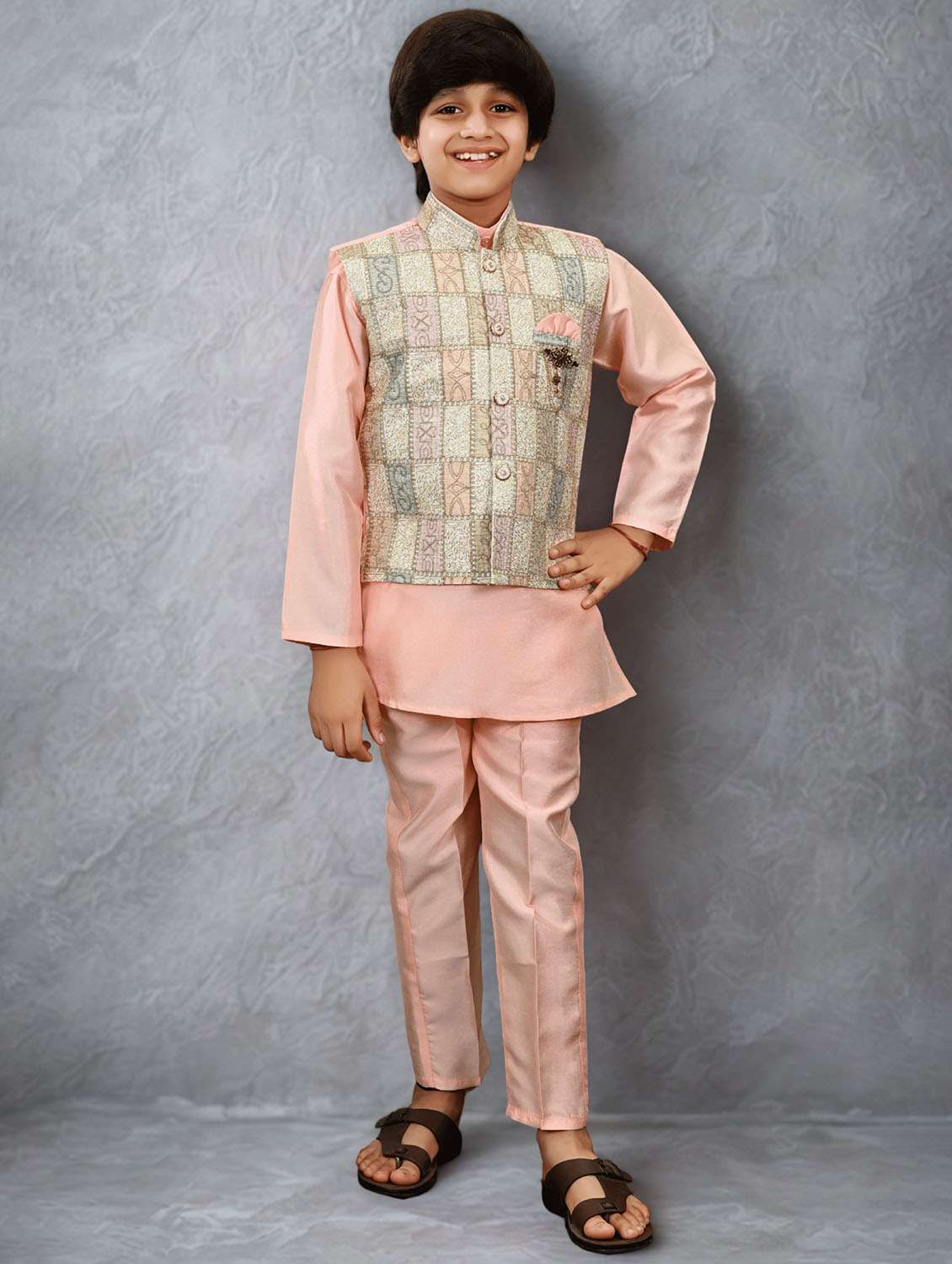 boys solid kurta and pyjama with embroidered nehru jacket 