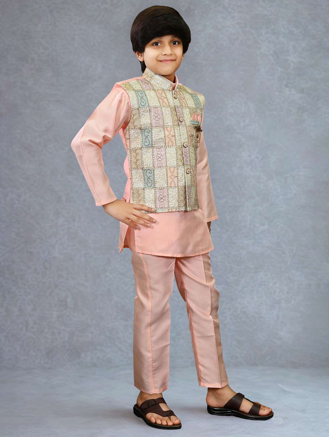 boys solid kurta and pyjama with embroidered nehru jacket - 22033574 - Standard Image - 2