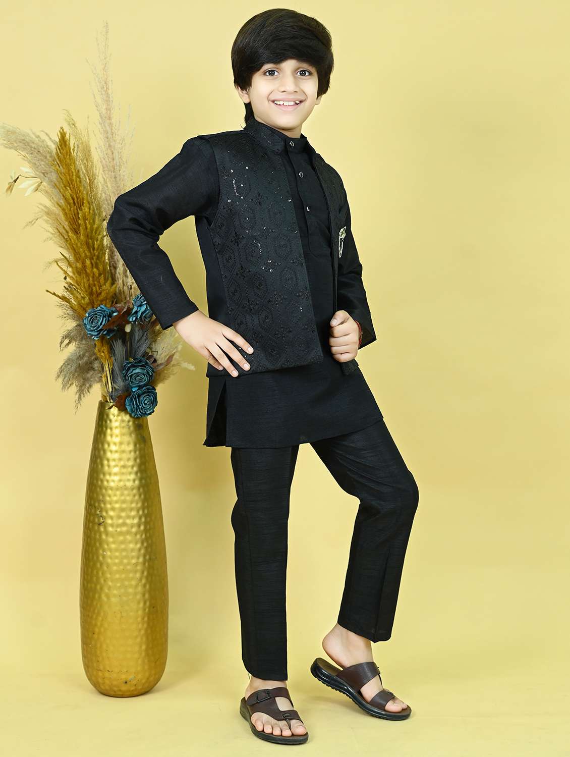 boys solid kurta and pyjama with embroidered nehru jacket  - 22033577 -  Standard Image - 2