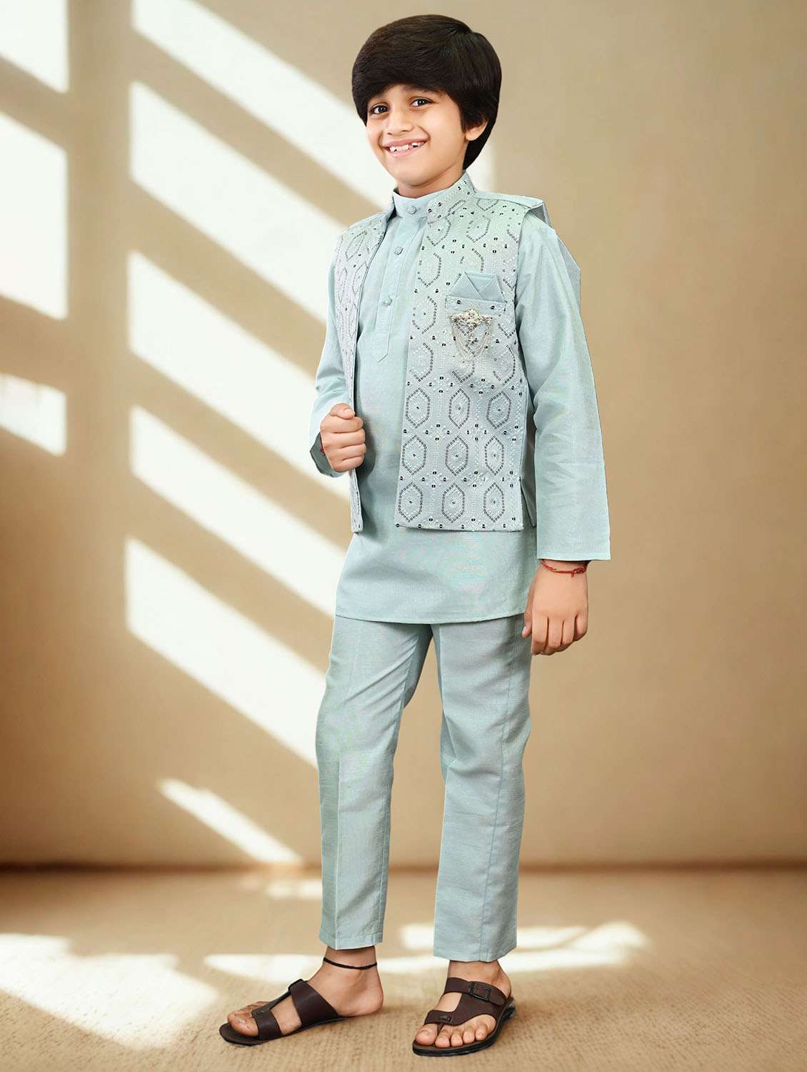 boys solid kurta and pyjama with embroidered nehru jacket  - 22033579 -  Standard Image - 2