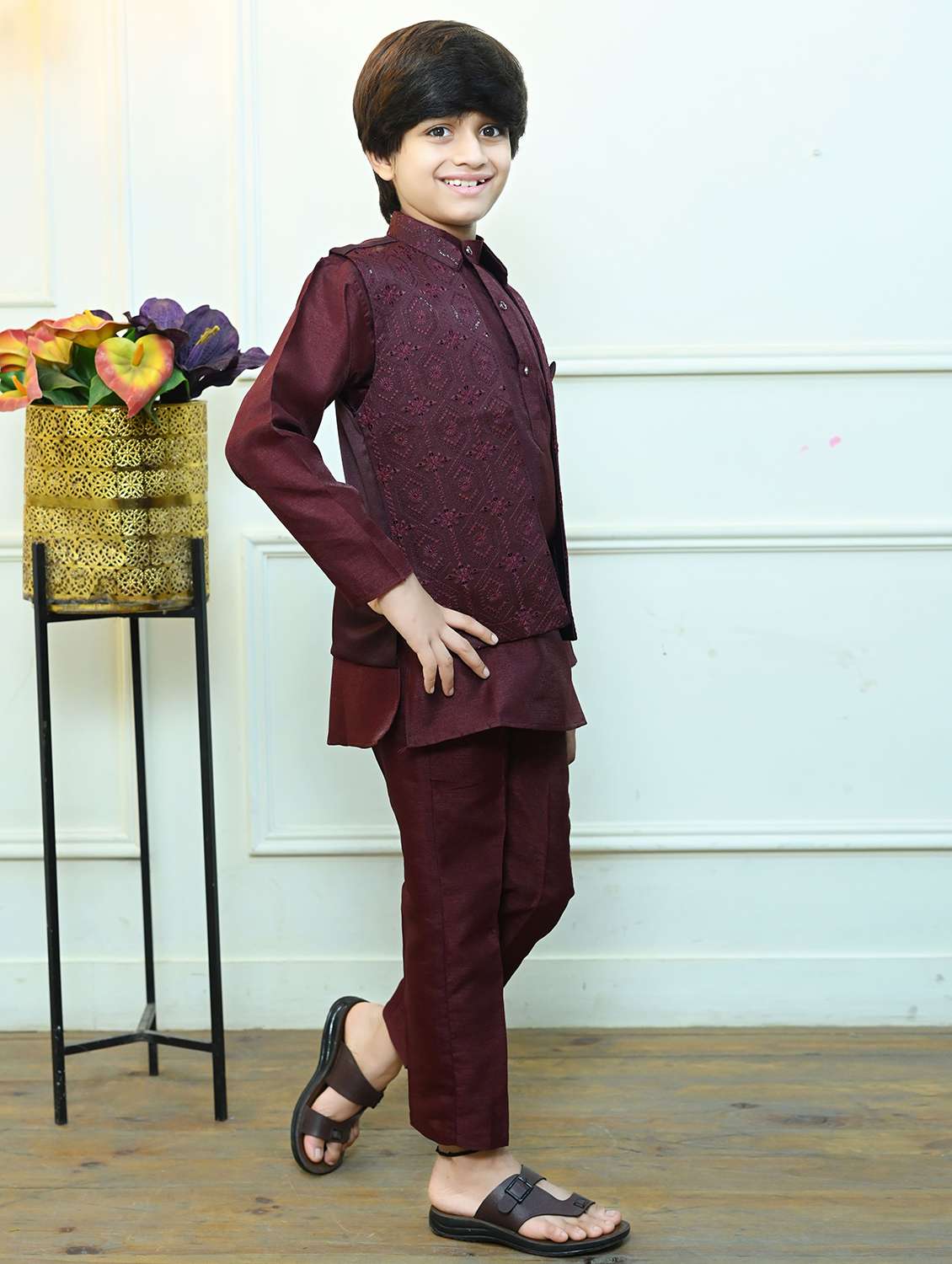 boys solid kurta and pyjama with embroidered nehru jacket  - 22033580 -  Standard Image - 2