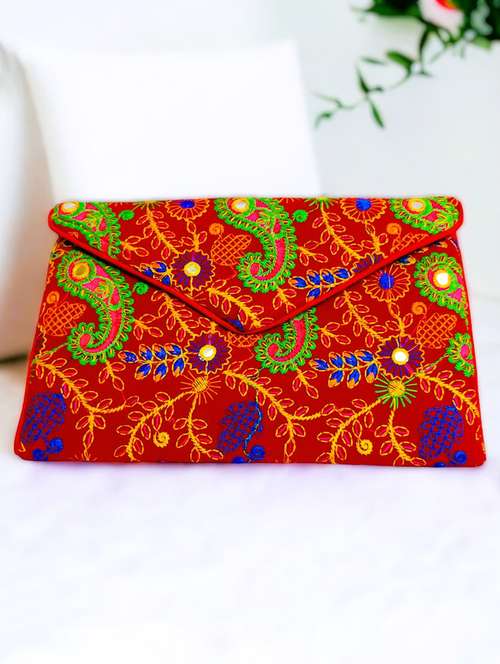 red embroidered velvet ethnic clutch with flap