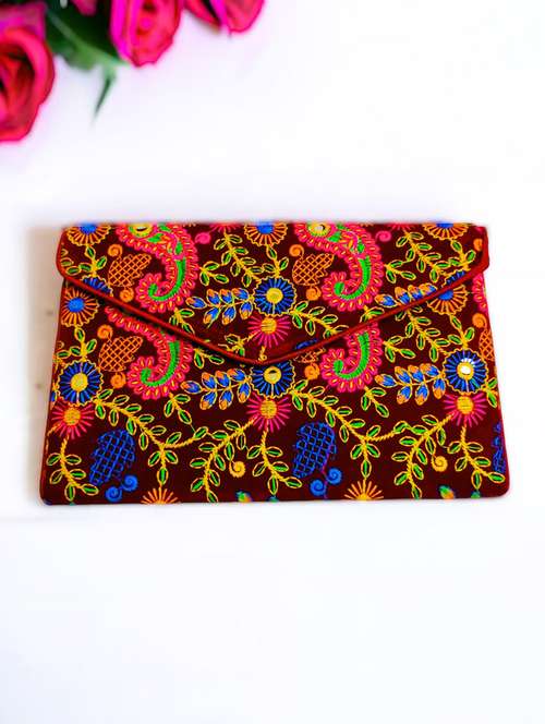 maroon embroidery velvet ethnic clutch with flap - 22033585 -  Standard Image - 0