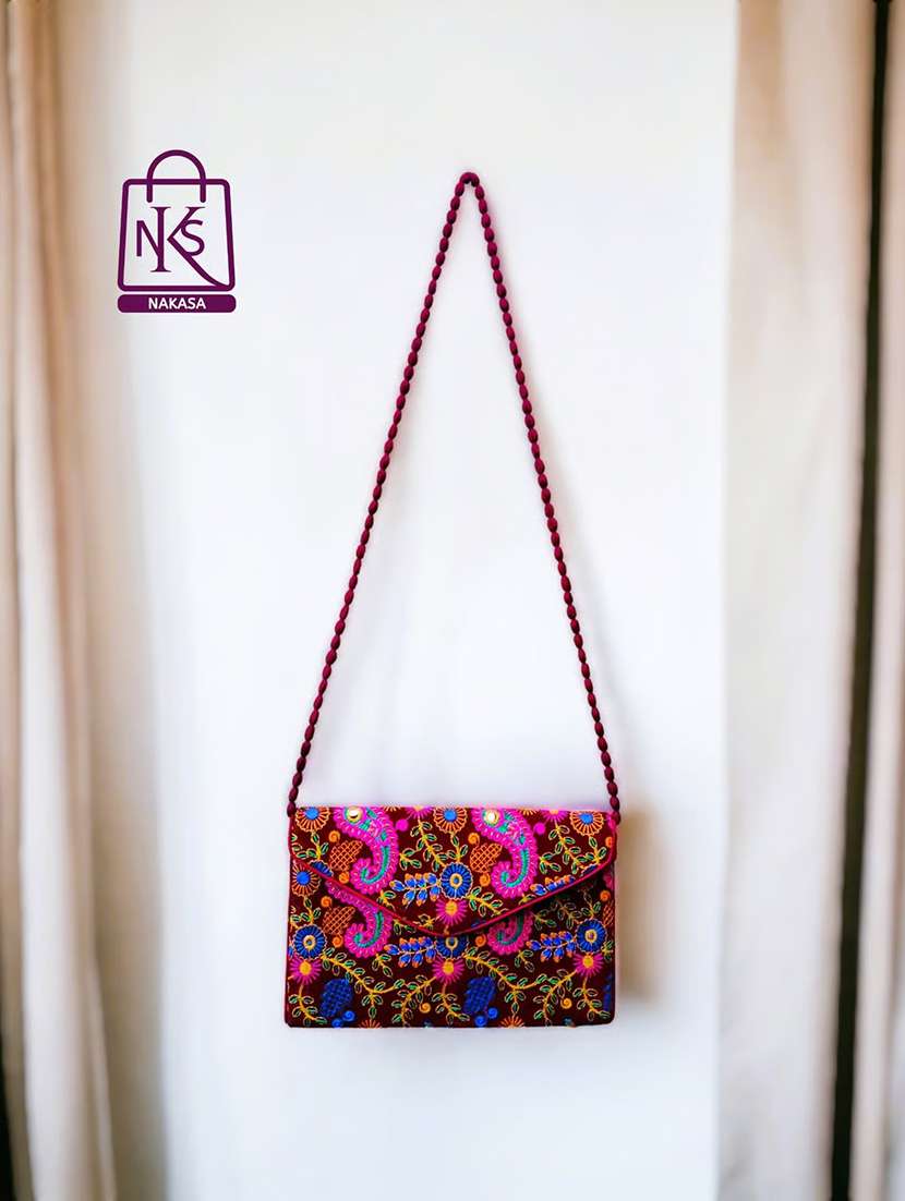 maroon embroidery velvet ethnic clutch with flap - 22033585 - Standard Image - 2