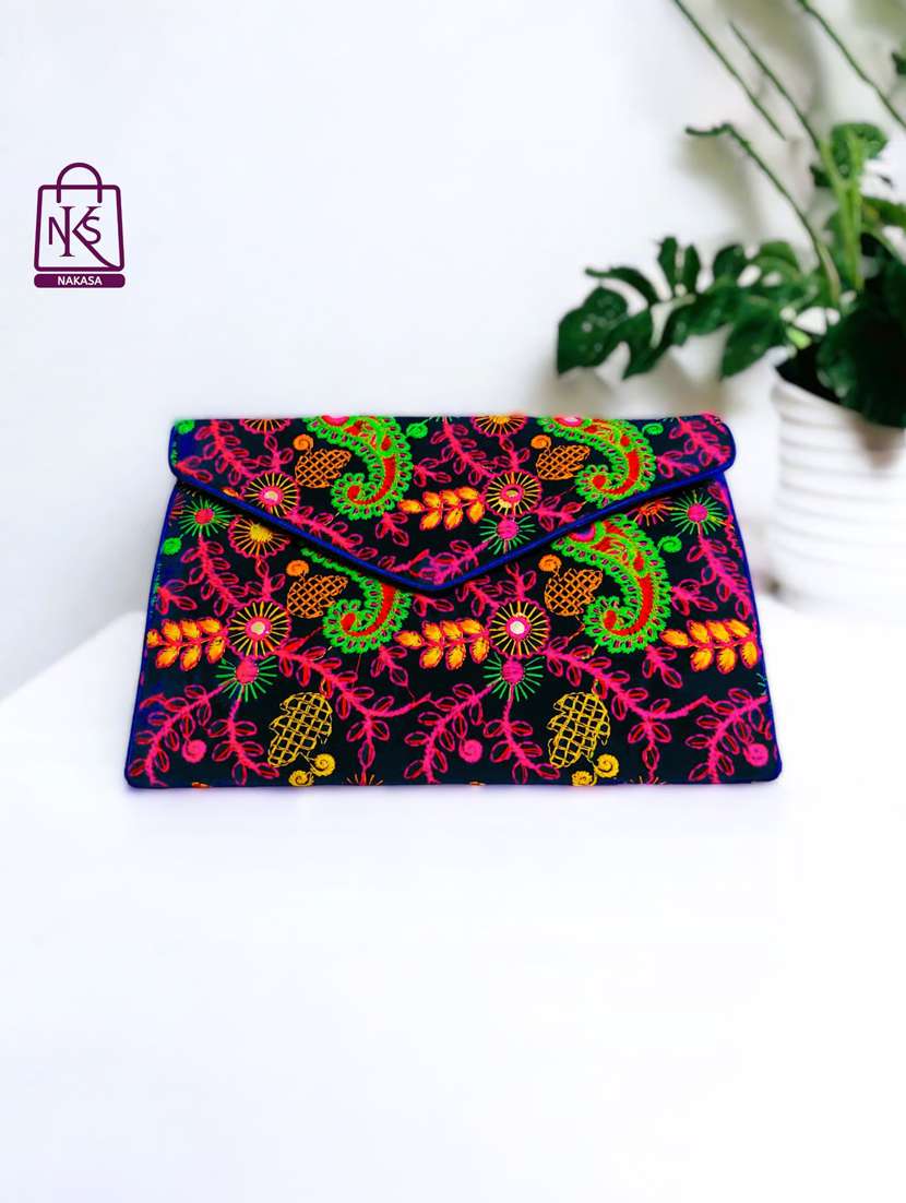 blue embroidery velvet ethnic clutch with flap - 22033586 - Zoom Image - 0