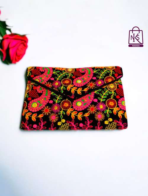 black velvet embroidery clutch with flap closure