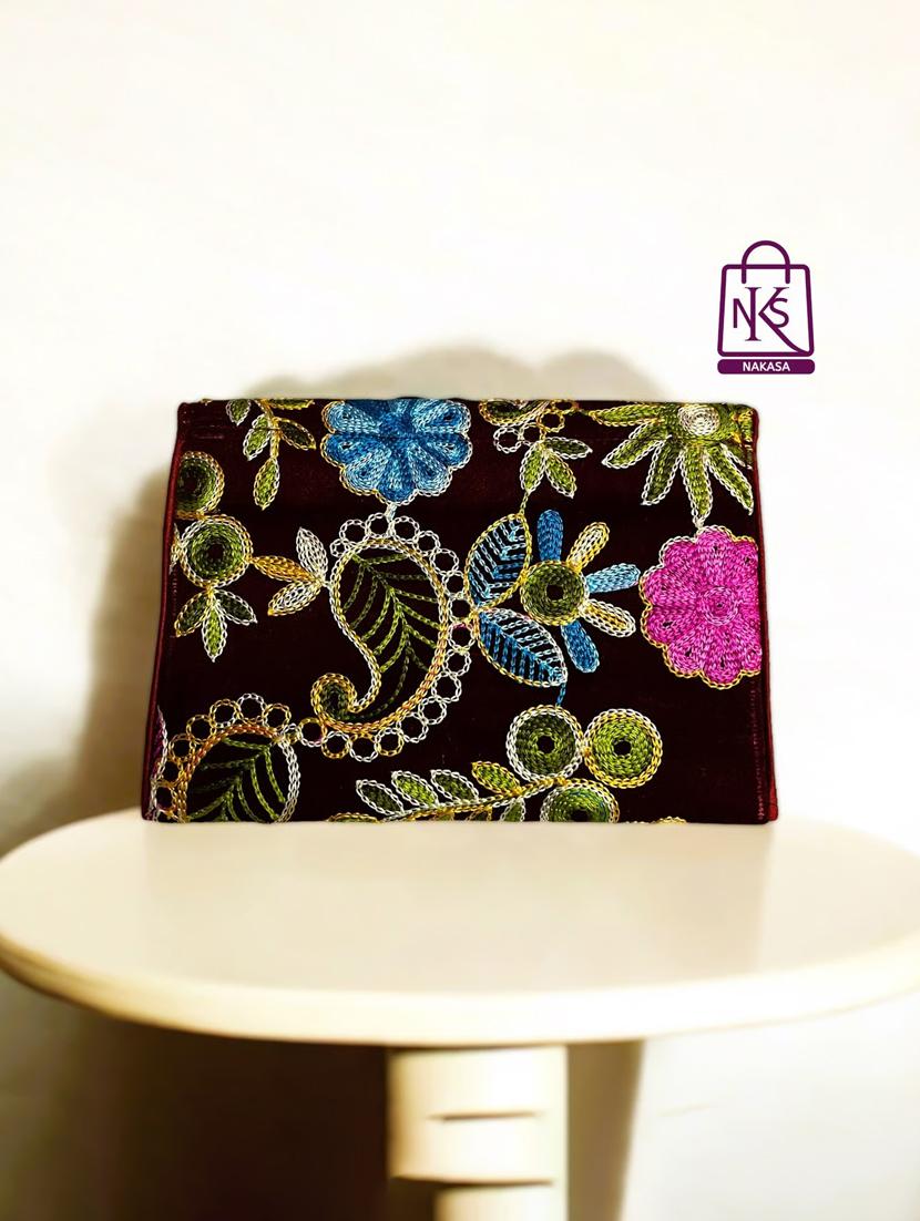 women velvet embroidery clutch with flap closure - 22033602 - Standard Image - 2