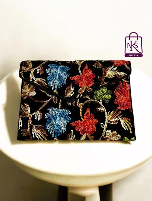 women velvet embroidery clutch with flap closure - 22033604 - Standard Image - 0