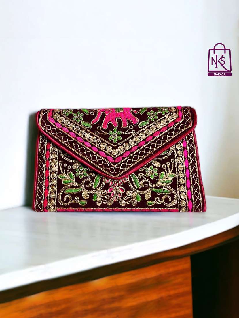 women velvet embroidery clutch with flap closure - 22033605 - Zoom Image - 0