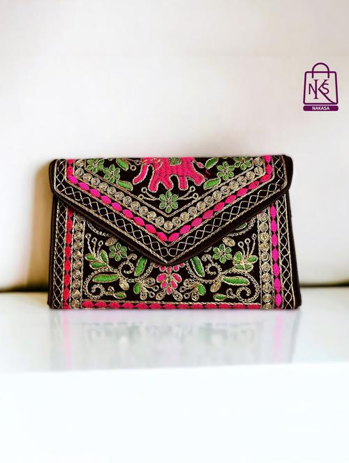 women velvet embroidery clutch with flap closure - 22033607 - Standard Image - 0