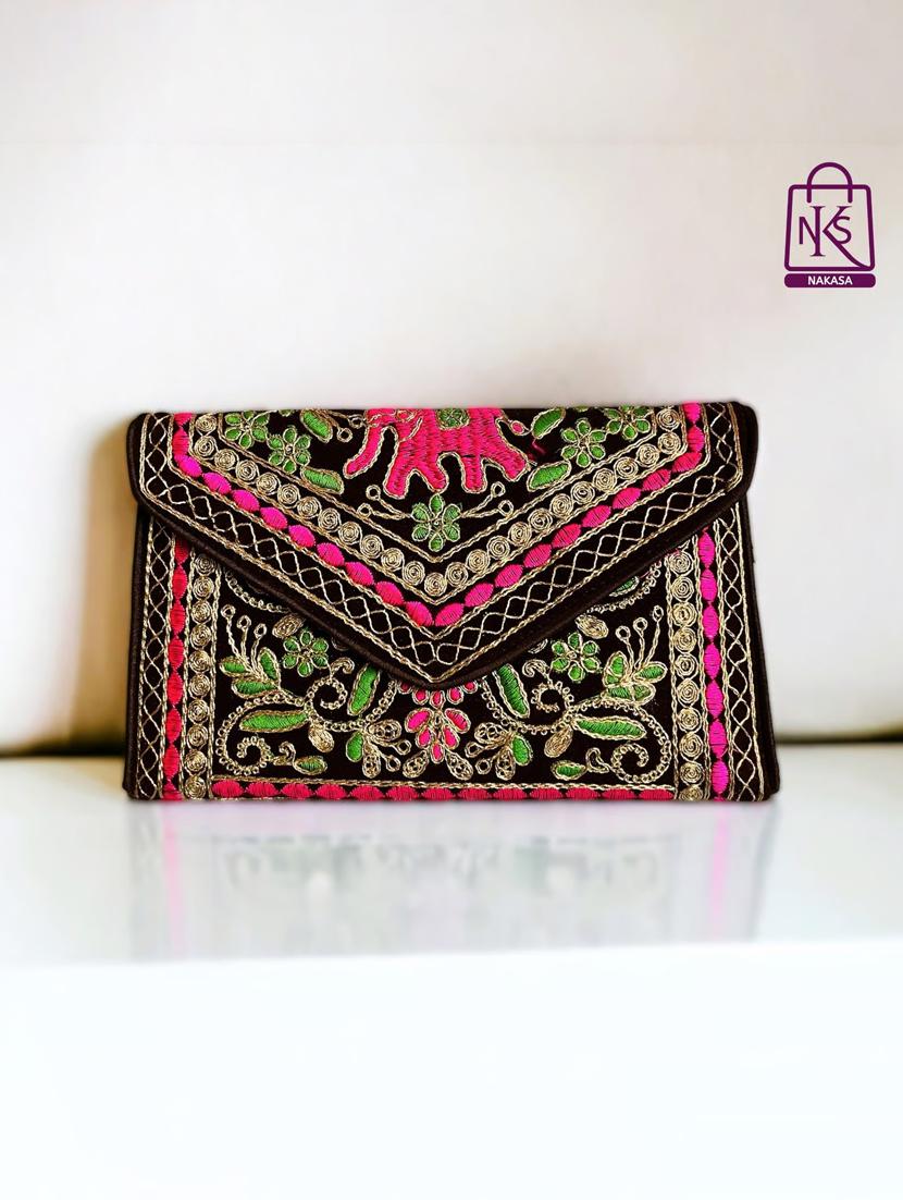 women velvet embroidery clutch with flap closure - 22033607 - Zoom Image - 0