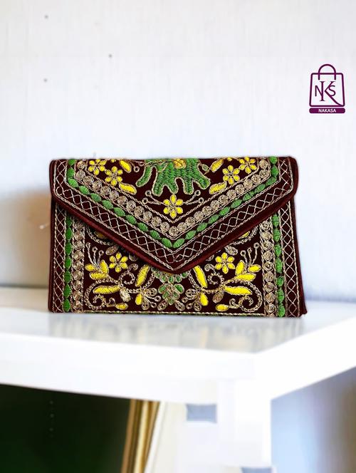 women velvet embroidery clutch with flap closure - 22033608 - Standard Image - 0