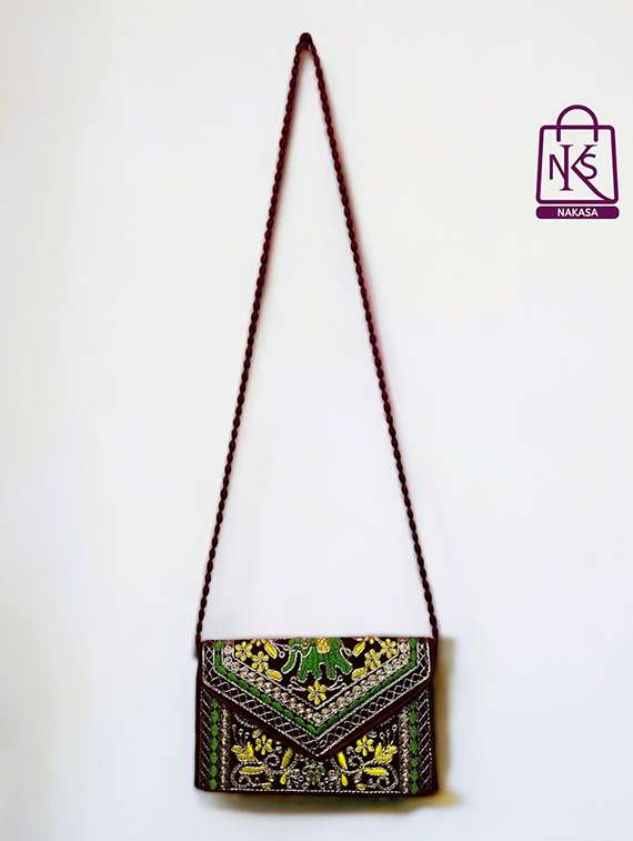 Women Velvet Embroidery Clutch With Flap Closure