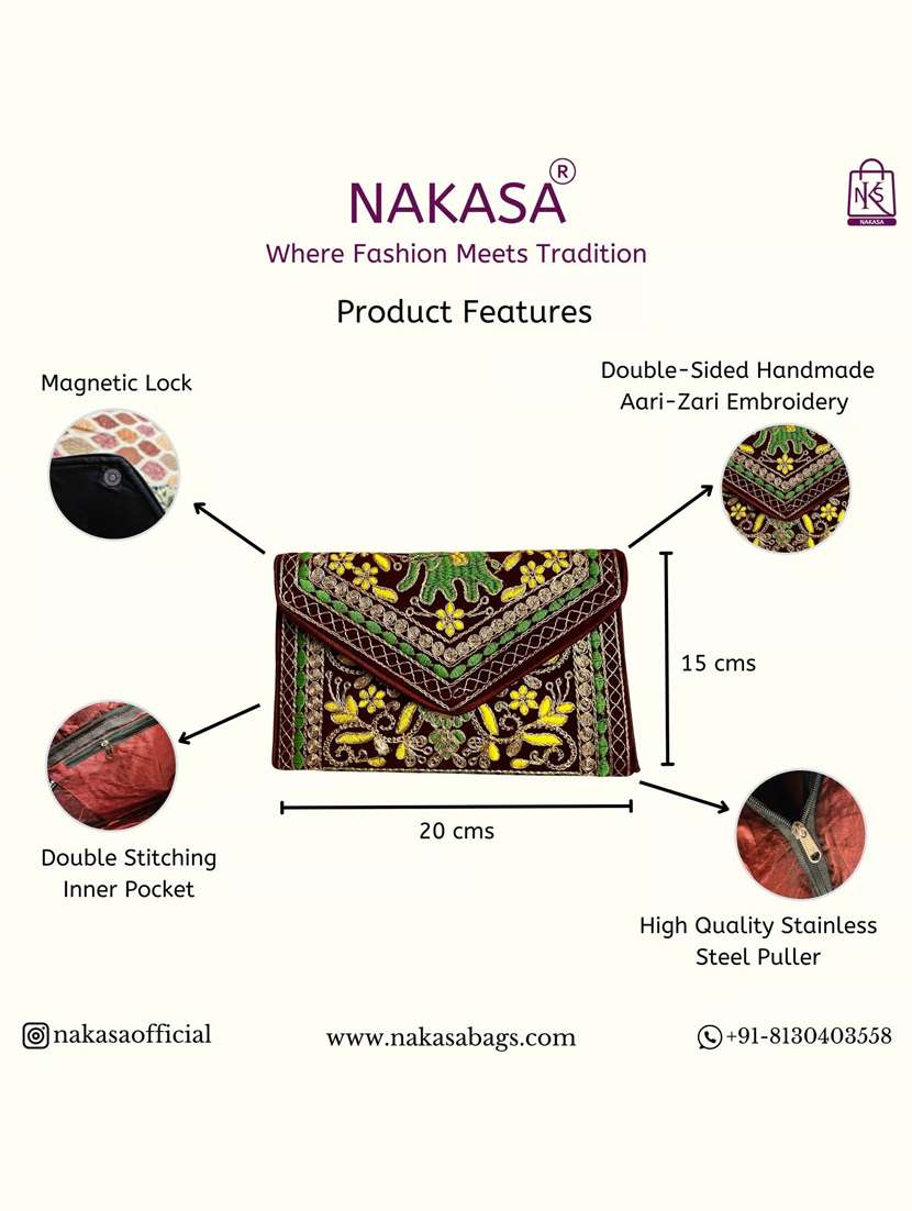 Women Velvet Embroidery Clutch With Flap Closure