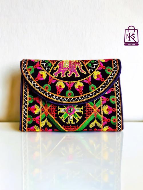women velvet embroidery clutch with flap closure - 22033611 - Standard Image - 0